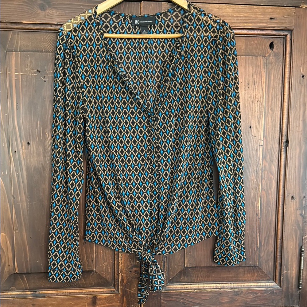 INC International Concepts Blue and Black Long Sleeve Tie Front Blouse